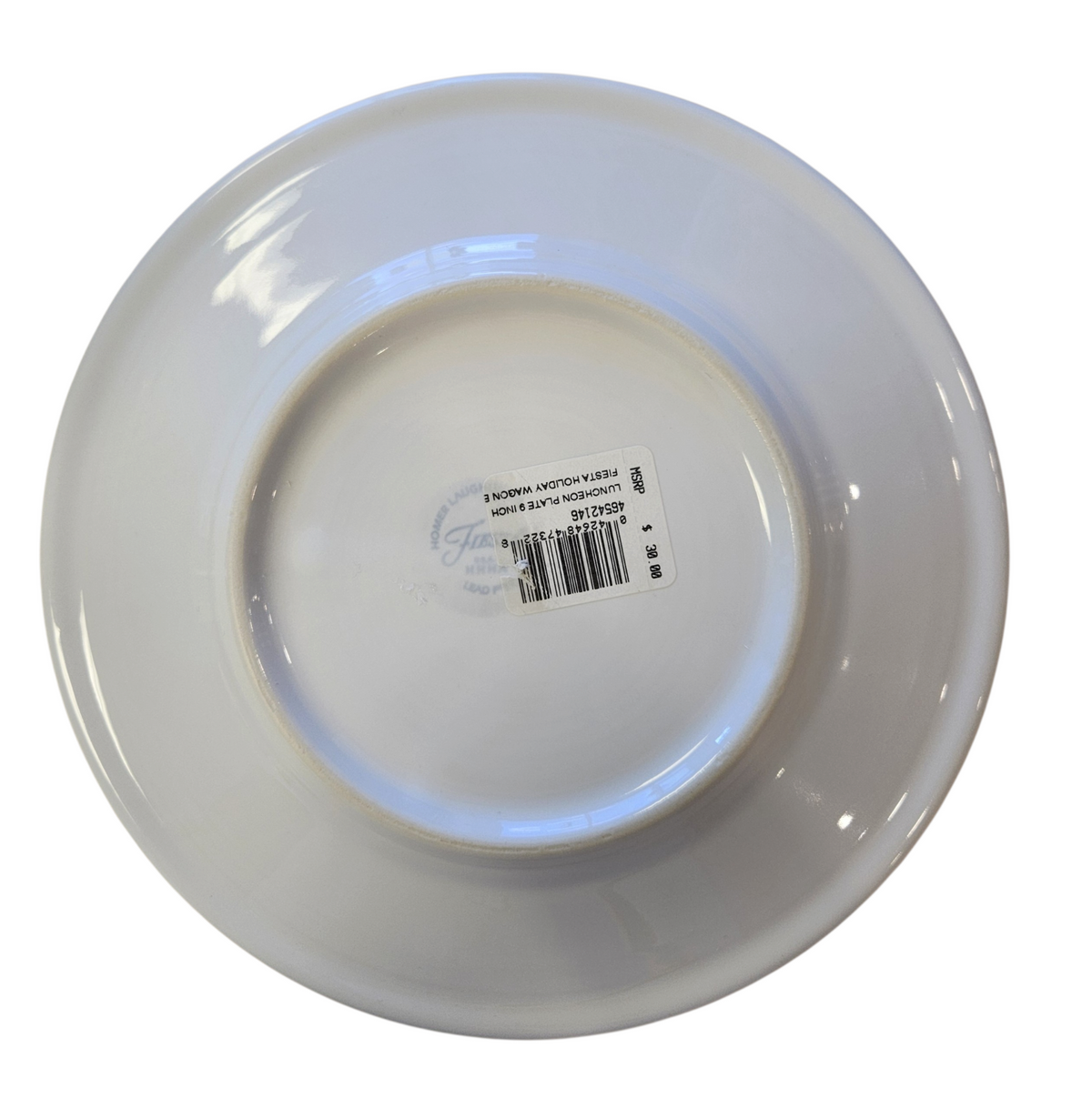 This is a Fiesta Fiestaware Classic Luncheon Plate featuring the Belk's Holiday Wagon decal on White. Post 1986, Lead-free, Christmas, Trees, Decorated, Retired Decal
