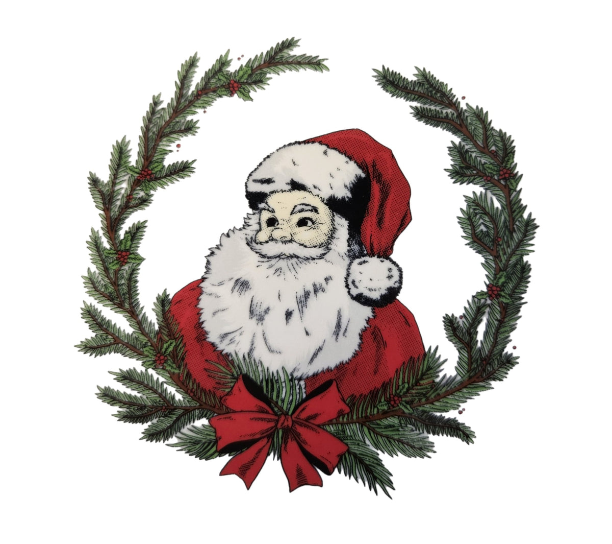 This is a Fiesta Fiestaware Classic Luncheon Plate featuring Replacements.com exclusive Old Saint Nick decal on White. Post 1986, Lead-free, Decorated, Christmas, Santa
