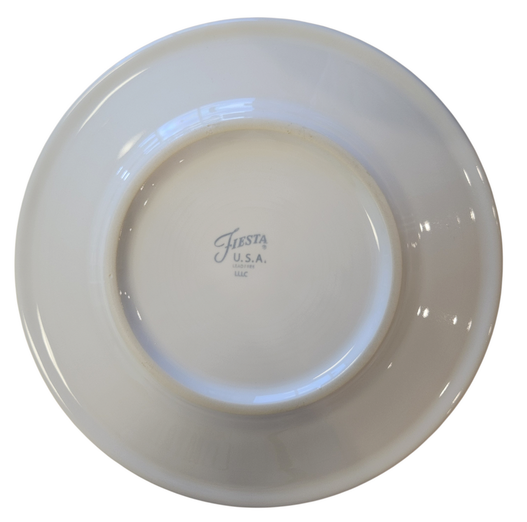 This is a Fiesta Fiestaware Classic Luncheon Plate featuring Replacements.com exclusive Old Saint Nick decal on White. Post 1986, Lead-free, Decorated, Christmas, Santa
