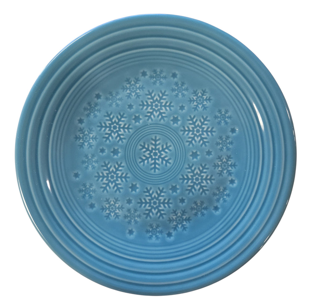 This is a Fiesta Fiestaware Snowflake Embossed Classic Luncheon Plate in Turquoise. Post 1986, Lead-free, Christmas, Tree
