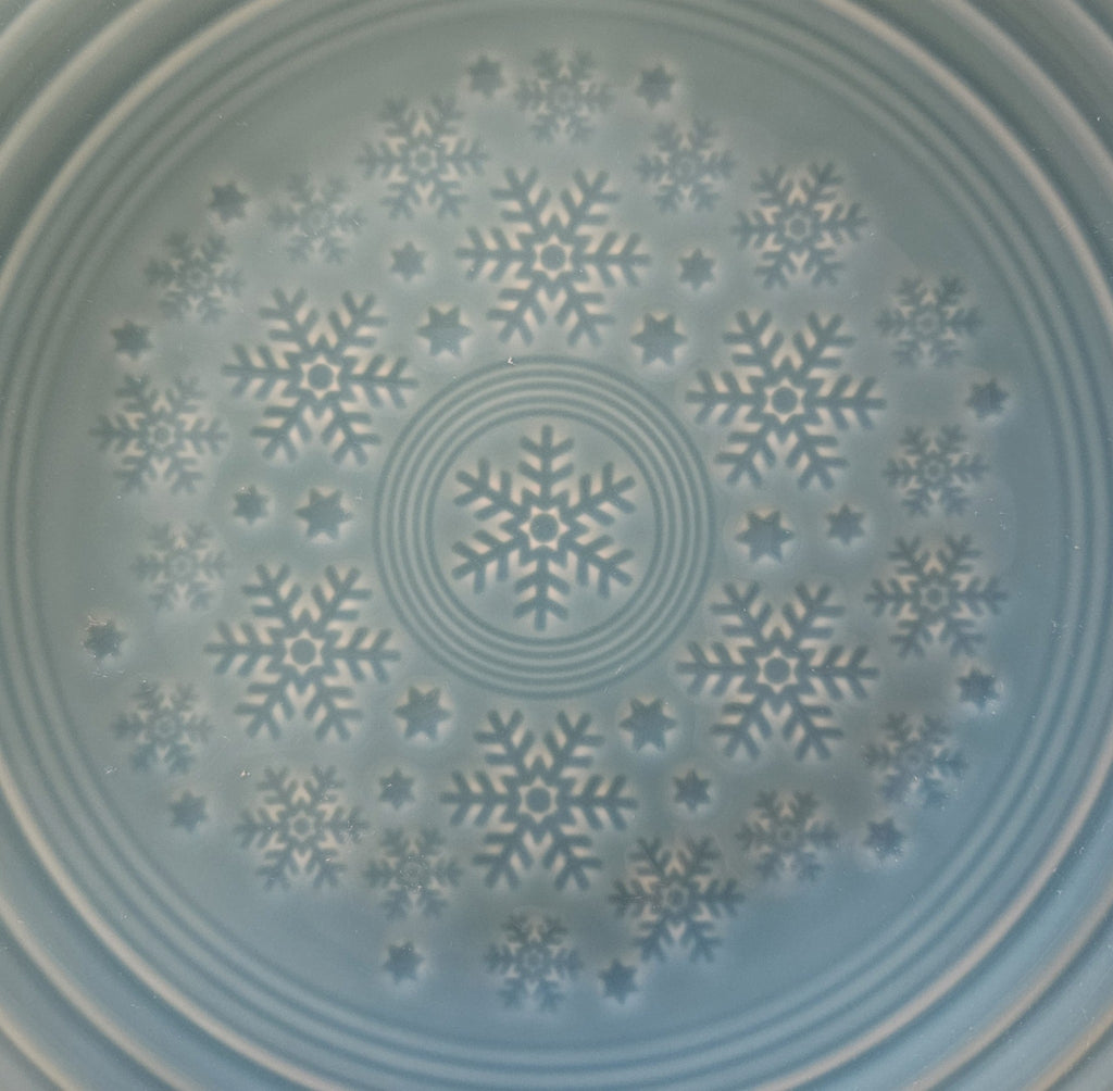 This is a Fiesta Fiestaware Snowflake Embossed Classic Luncheon Plate in Turquoise. Post 1986, Lead-free, Christmas, Tree
