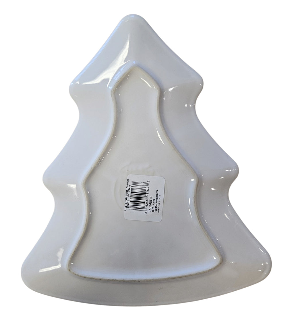 This is a Fiesta Fiestaware Tree Shaped Plate featuring the Fiesta Nutcracker Holly & Berry decal on white. Post 1986, Lead-free, Christmas
