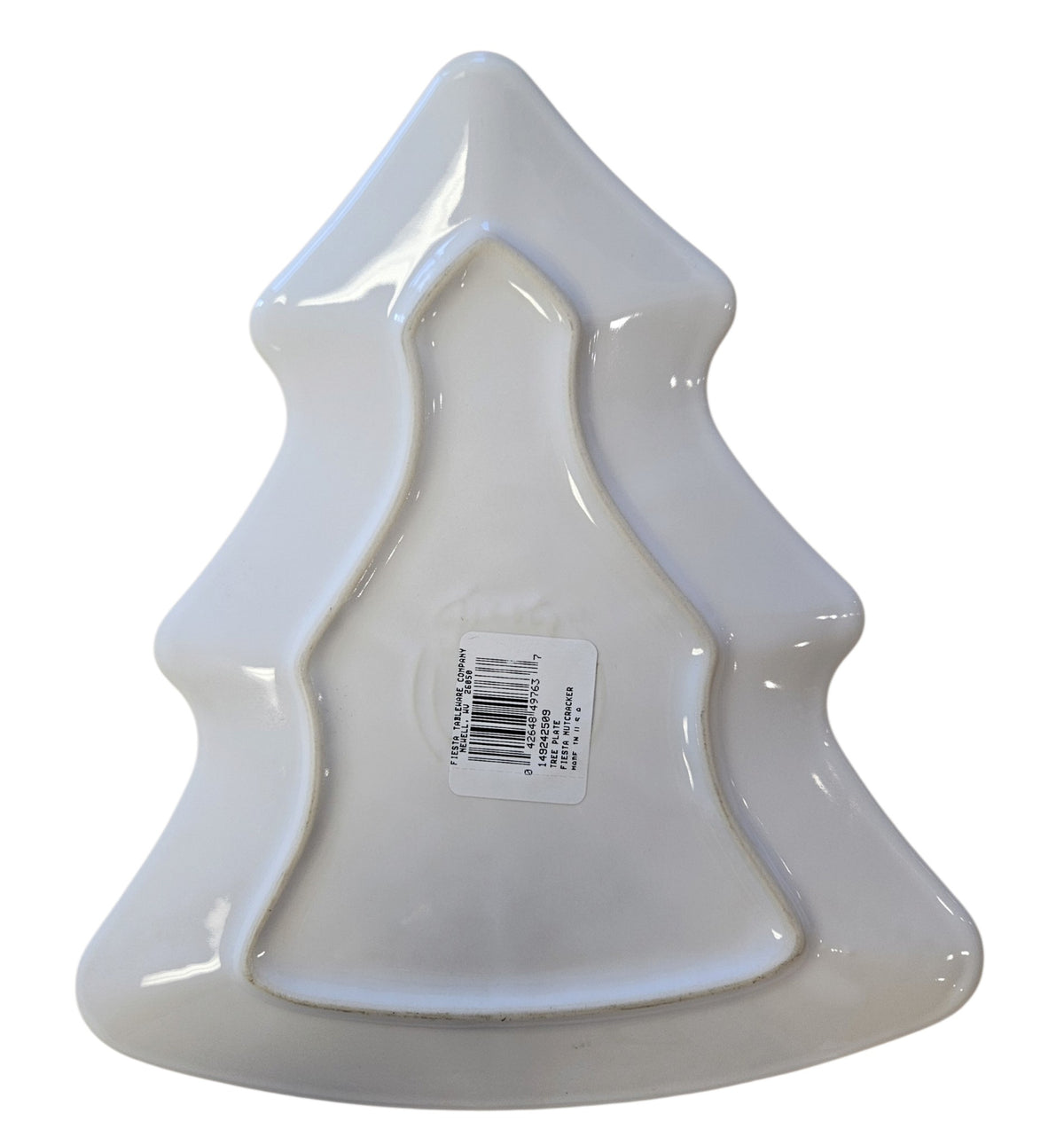This is a Fiesta Fiestaware Tree Shaped Plate featuring the Fiesta Nutcracker Holly & Berry decal on white. Post 1986, Lead-free, Christmas
