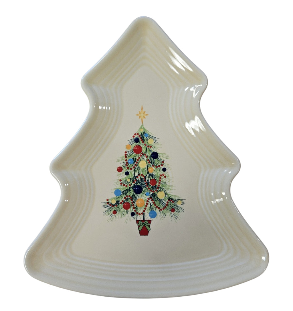 This is a Fiesta Fiestaware Tree Shaped Plate featuring the Fiesta Christmas decal on ivory. Post 1986, Lead-free, Christmas, Tree, Decorated, Retired Decal
