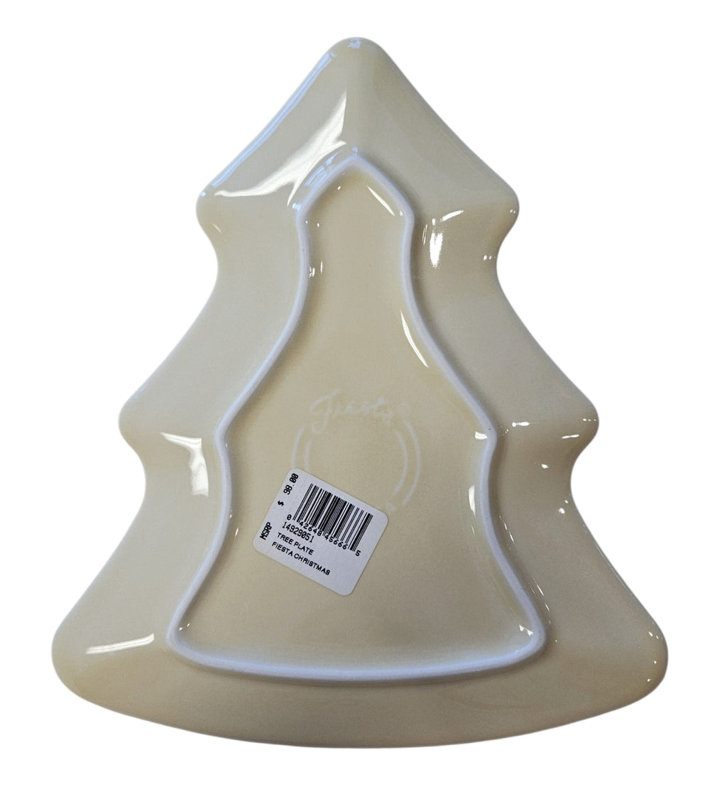 This is a Fiesta Fiestaware Tree Shaped Plate featuring the Fiesta Christmas decal on ivory. Post 1986, Lead-free, Christmas, Tree, Decorated, Retired Decal
