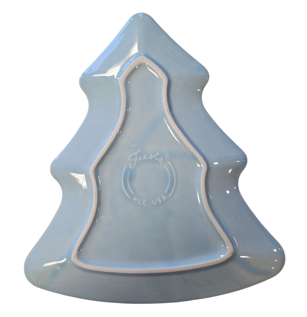 This is a Fiesta Fiestaware Tree Shaped Plate in Sky. Post 1986, Lead-free, Christmas, Tree
