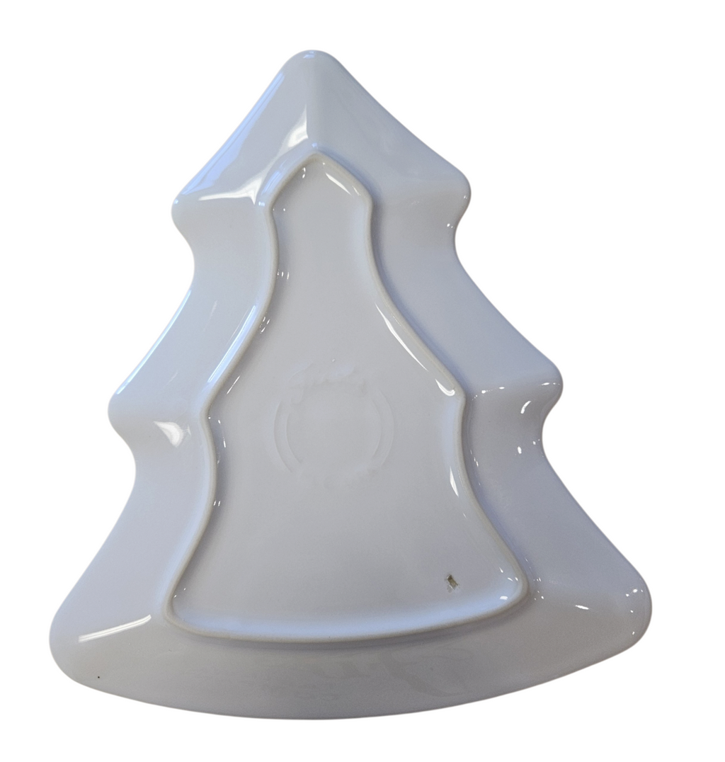 This is a Fiesta Fiestaware Tree Shaped Plate in White. Post 1986, Lead-free, Christmas, Tree
