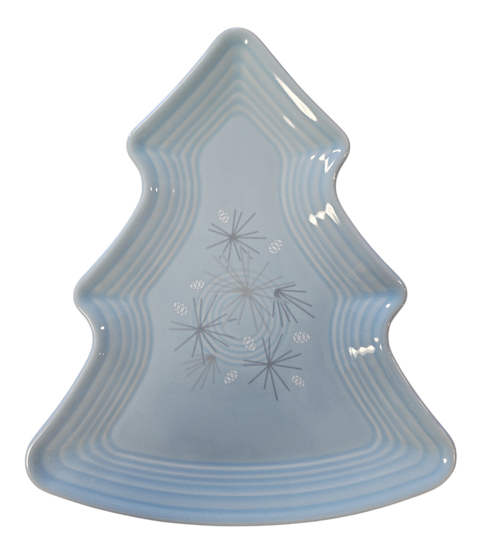 This is a Fiesta Fiestaware Tree Shaped Plate featuring the HLCCA 2026 Conference Banquet Exclusive Atomic Pine decal on Sky. Post 1986, Lead-free, Christmas, Tree, Decorated, Decal, HLCCA Exclusive
