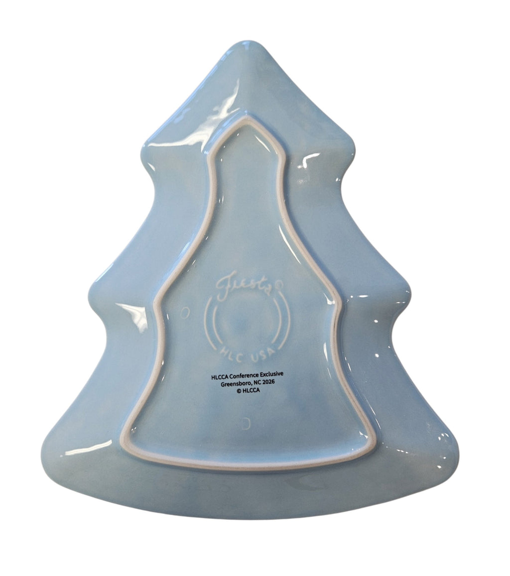 This is a Fiesta Fiestaware Tree Shaped Plate featuring the HLCCA 2026 Conference Banquet Exclusive Atomic Pine decal on Sky. Post 1986, Lead-free, Christmas, Tree, Decorated, Decal, HLCCA Exclusive