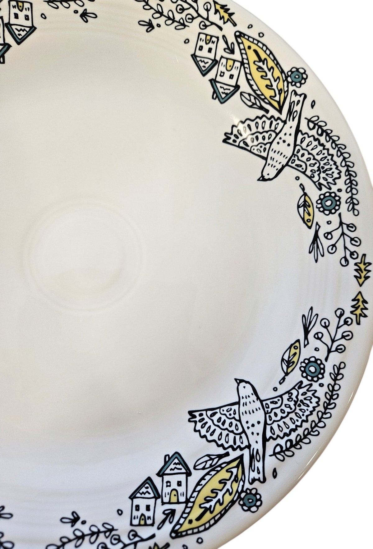 This is a Fiesta Fiestaware Classic Dinner Plate featuring Everything Kitchen's exclusive Nordic Woodland decal  on White. Scandinavian, Post 1986, Lead-free, Christmas, Tree, Decorated, Retired Decal, Cabin, Reindeer, Trees, Birds
