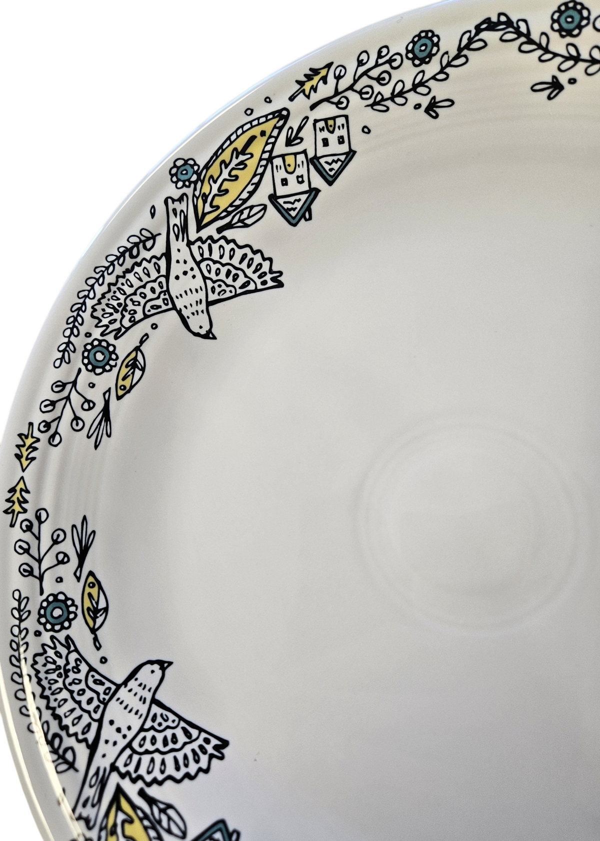 This is a Fiesta Fiestaware Classic Dinner Plate featuring Everything Kitchen's exclusive Nordic Woodland decal  on White. Scandinavian, Post 1986, Lead-free, Christmas, Tree, Decorated, Retired Decal, Cabin, Reindeer, Trees, Birds
