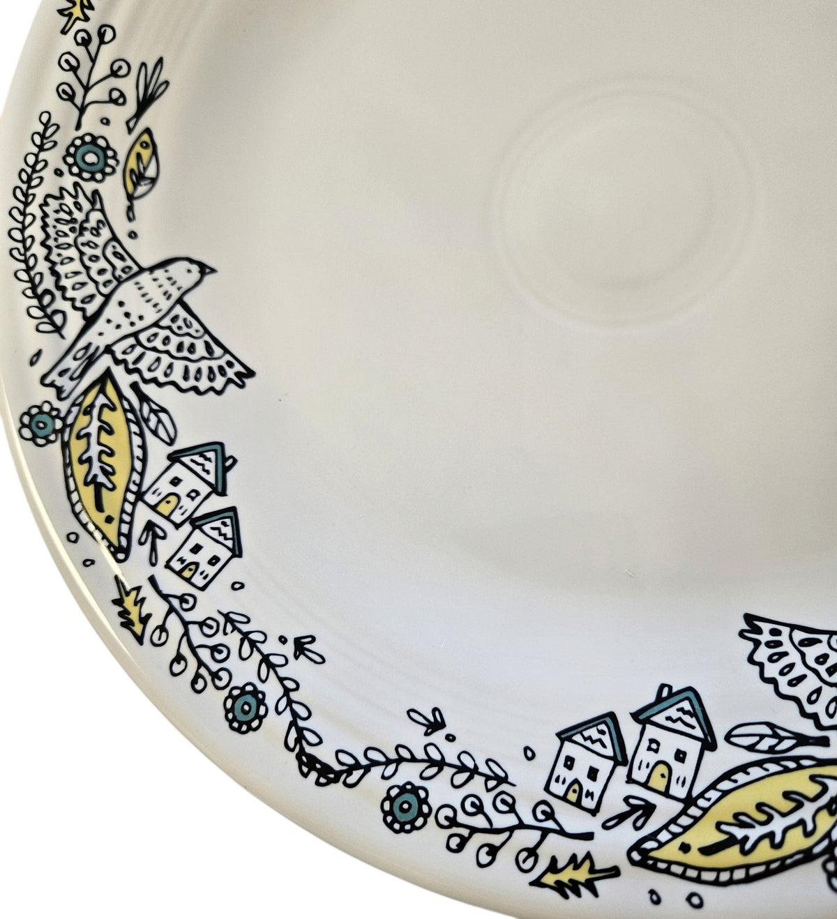 This is a Fiesta Fiestaware Classic Dinner Plate featuring Everything Kitchen's exclusive Nordic Woodland decal  on White. Scandinavian, Post 1986, Lead-free, Christmas, Tree, Decorated, Retired Decal, Cabin, Reindeer, Trees, Birds
