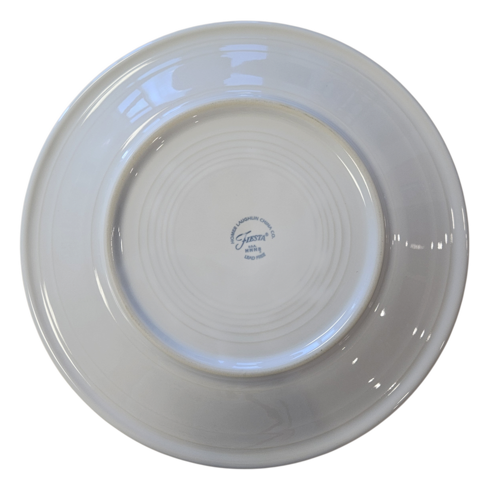 This is a Fiesta Fiestaware Classic Dinner Plate featuring Everything Kitchen's exclusive Nordic Woodland decal  on White. Scandinavian, Post 1986, Lead-free, Christmas, Tree, Decorated, Retired Decal, Cabin, Reindeer, Trees, Birds
