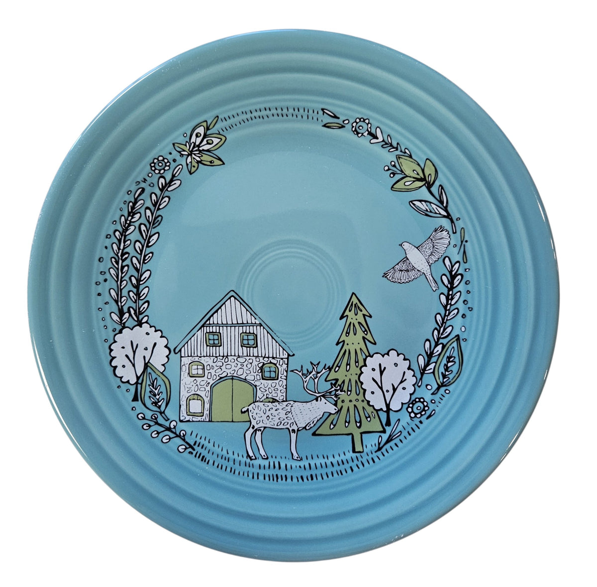 This is a Fiesta Fiestaware Classic Luncheon Plate featuring Everything Kitchen's exclusive Nordic Woodland decal  on Turquoise. Scandinavian, Post 1986, Lead-free, Christmas, Tree, Decorated, Retired Decal, Cabin, Reindeer, Trees
