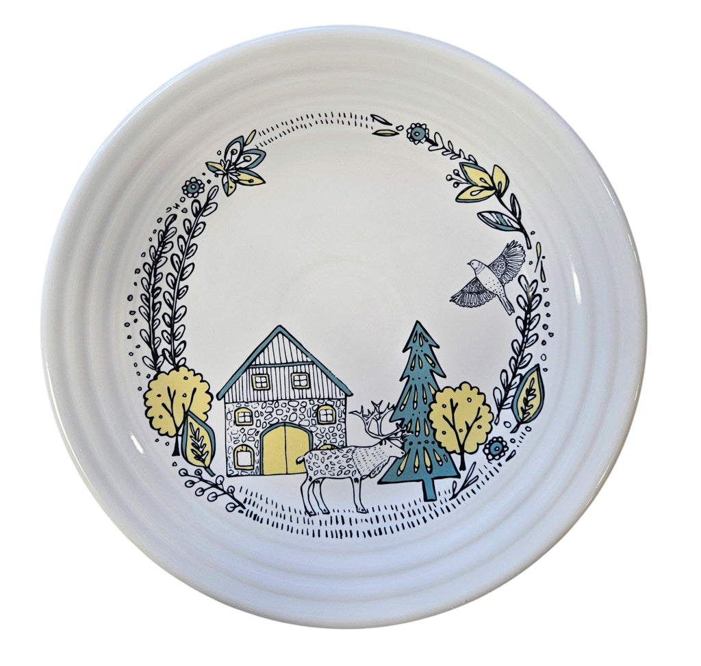 This is a Fiesta Fiestaware Classic Luncheon Plate featuring Everything Kitchen's exclusive Nordic Woodland decal  on White. Scandinavian, Post 1986, Lead-free, Christmas, Tree, Decorated, Retired Decal, Cabin, Reindeer, Trees
