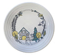 This is a Fiesta Fiestaware Classic Luncheon Plate featuring Everything Kitchen's exclusive Nordic Woodland decal  on White. Scandinavian, Post 1986, Lead-free, Christmas, Tree, Decorated, Retired Decal, Cabin, Reindeer, Trees
