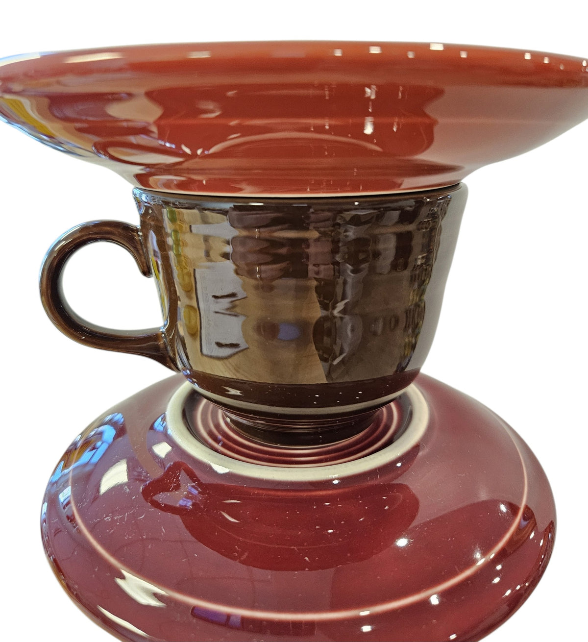 This is a handcrafted Birdfeeder made from a Fiesta Fiestware Cup and two saucers. It includes a glass jar to hold birdseed and either a plastic or metal base for the birds to land and feast. The top saucer is also perfect to hold grape jam or orange slices to feed your local orioles. Please see item description for specific cup and saucer color, jar color and base type. Crafted, Fiesta Second Life
