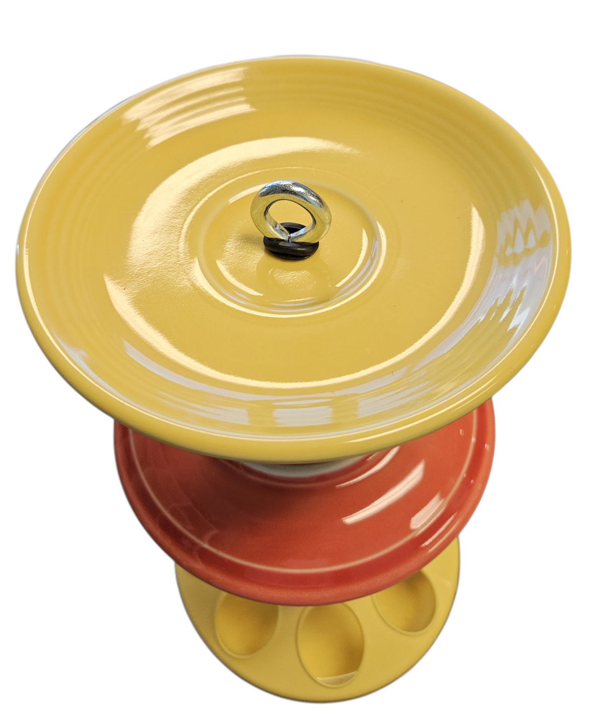 This is a handcrafted Birdfeeder made from a Fiesta Fiestware Cup and two saucers. It includes a glass jar to hold birdseed and either a plastic or metal base for the birds to land and feast. The top saucer is also perfect to hold grape jam or orange slices to feed your local orioles. Please see item description for specific cup and saucer color, jar color and base type. Crafted, Fiesta Second Life
