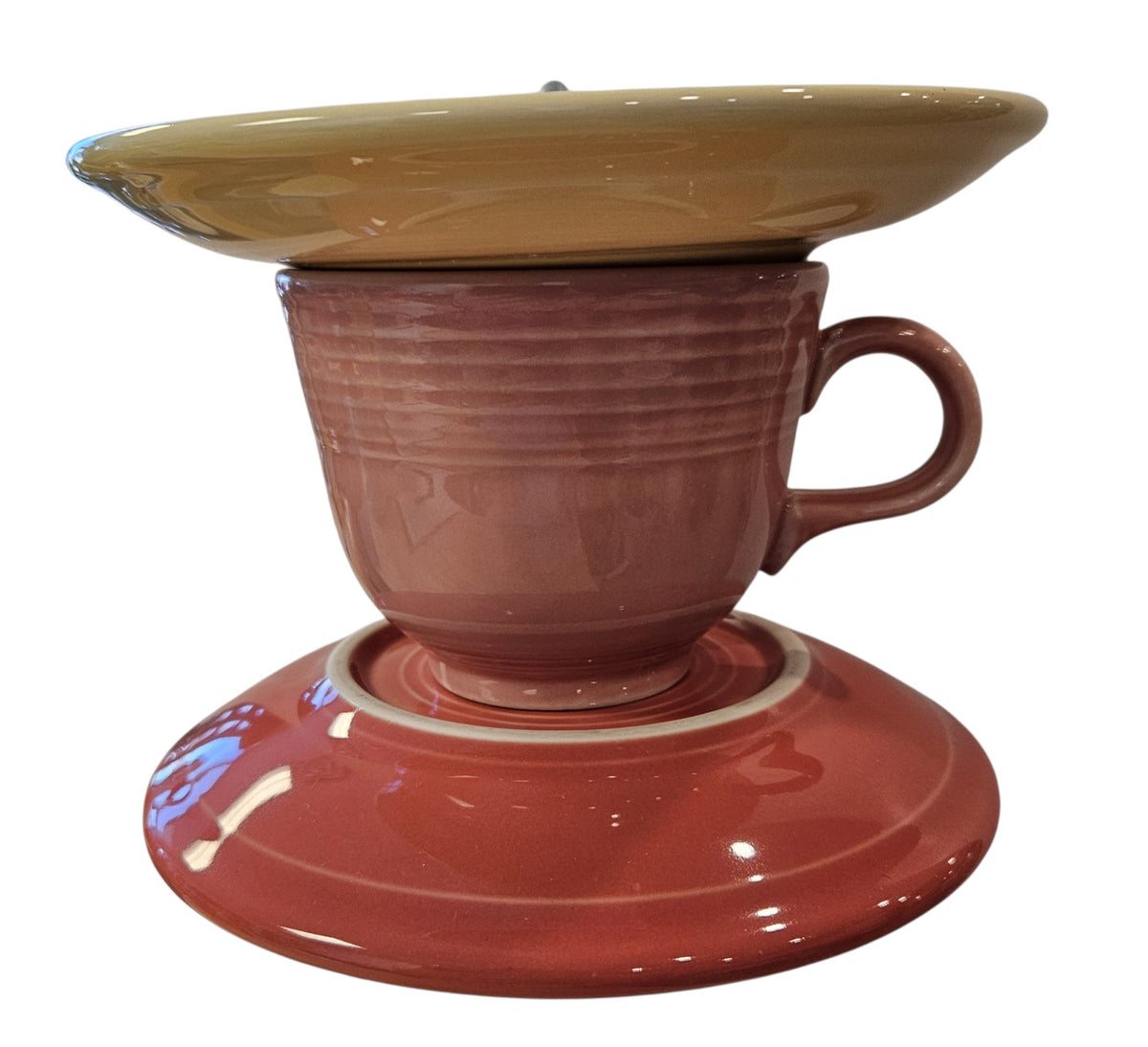 This is a handcrafted Birdfeeder made from a Fiesta Fiestware Cup and two saucers. It includes a glass jar to hold birdseed and either a plastic or metal base for the birds to land and feast. The top saucer is also perfect to hold grape jam or orange slices to feed your local orioles. Please see item description for specific cup and saucer color, jar color and base type. Crafted, Fiesta Second Life
