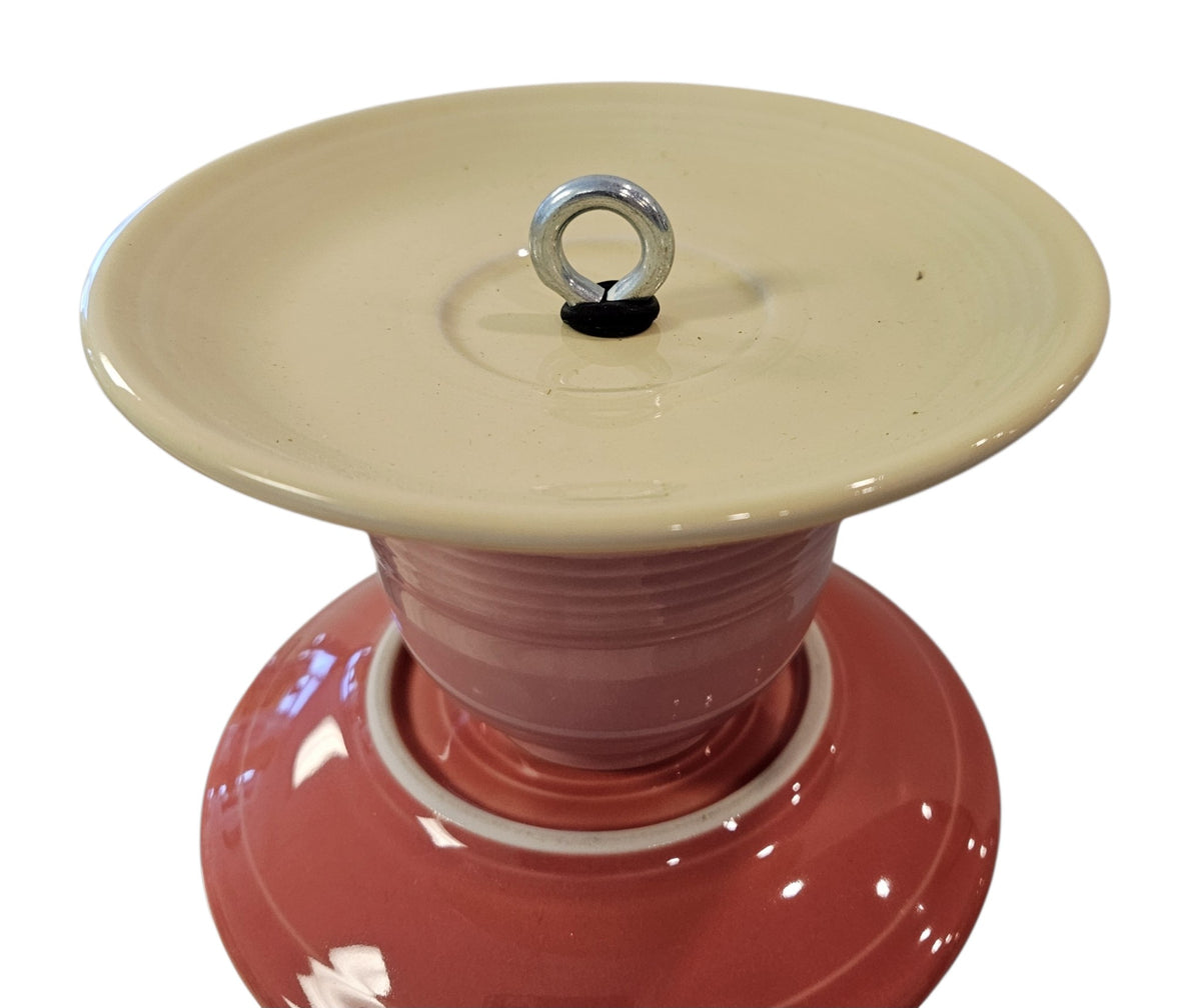 This is a handcrafted Birdfeeder made from a Fiesta Fiestware Cup and two saucers. It includes a glass jar to hold birdseed and either a plastic or metal base for the birds to land and feast. The top saucer is also perfect to hold grape jam or orange slices to feed your local orioles. Please see item description for specific cup and saucer color, jar color and base type. Crafted, Fiesta Second Life
