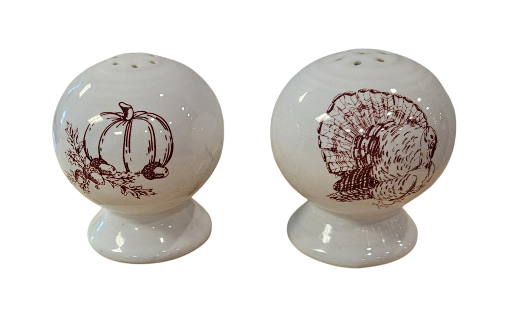 This is a Fiesta Fiestaware Salt & Pepper Set featuring the Thankgiving decal on White. lead-free, Post 1986, Fall, acorns, pumpkins

