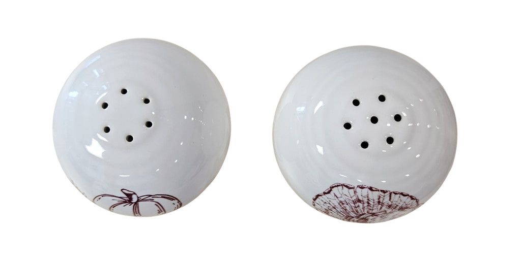 This is a Fiesta Fiestaware Salt & Pepper Set featuring the Thankgiving decal on White. lead-free, Post 1986, Fall, acorns, pumpkins
