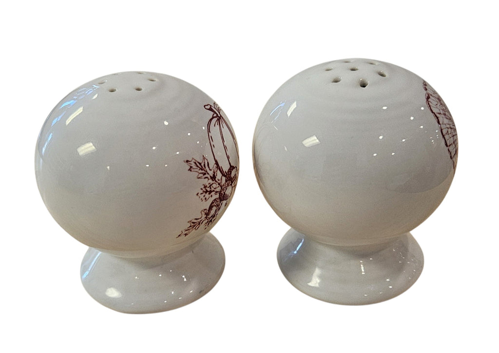 This is a Fiesta Fiestaware Salt & Pepper Set featuring the Thankgiving decal on White. lead-free, Post 1986, Fall, acorns, pumpkins

