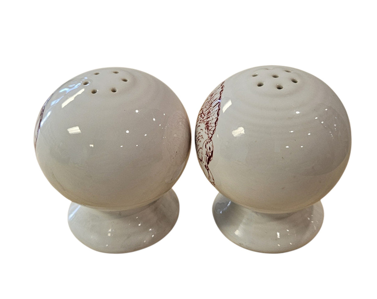 This is a Fiesta Fiestaware Salt & Pepper Set featuring the Thankgiving decal on White. lead-free, Post 1986, Fall, acorns, pumpkins
