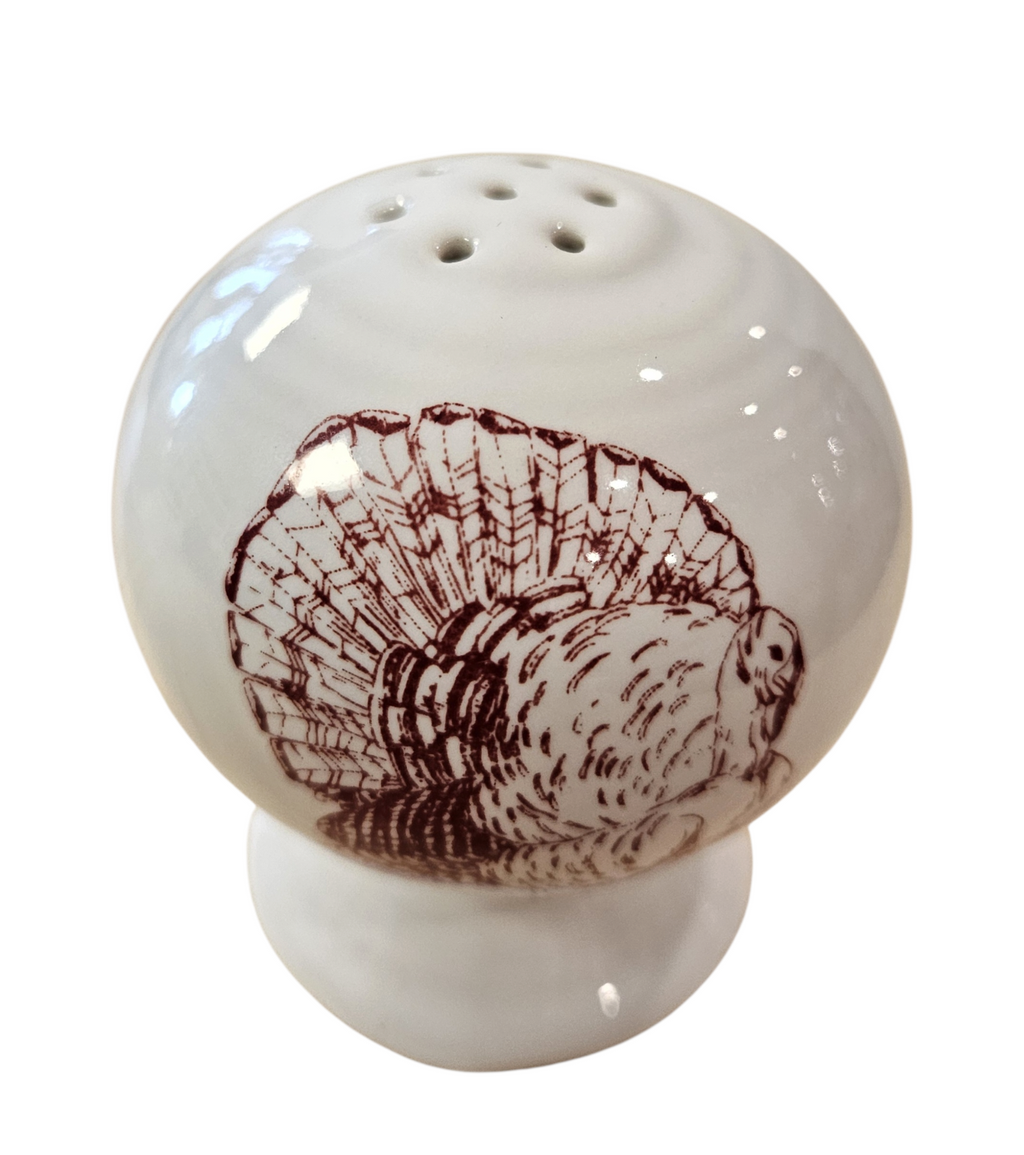 This is a Fiesta Fiestaware Salt & Pepper Set featuring the Thankgiving decal on White. lead-free, Post 1986, Fall, acorns, pumpkins
