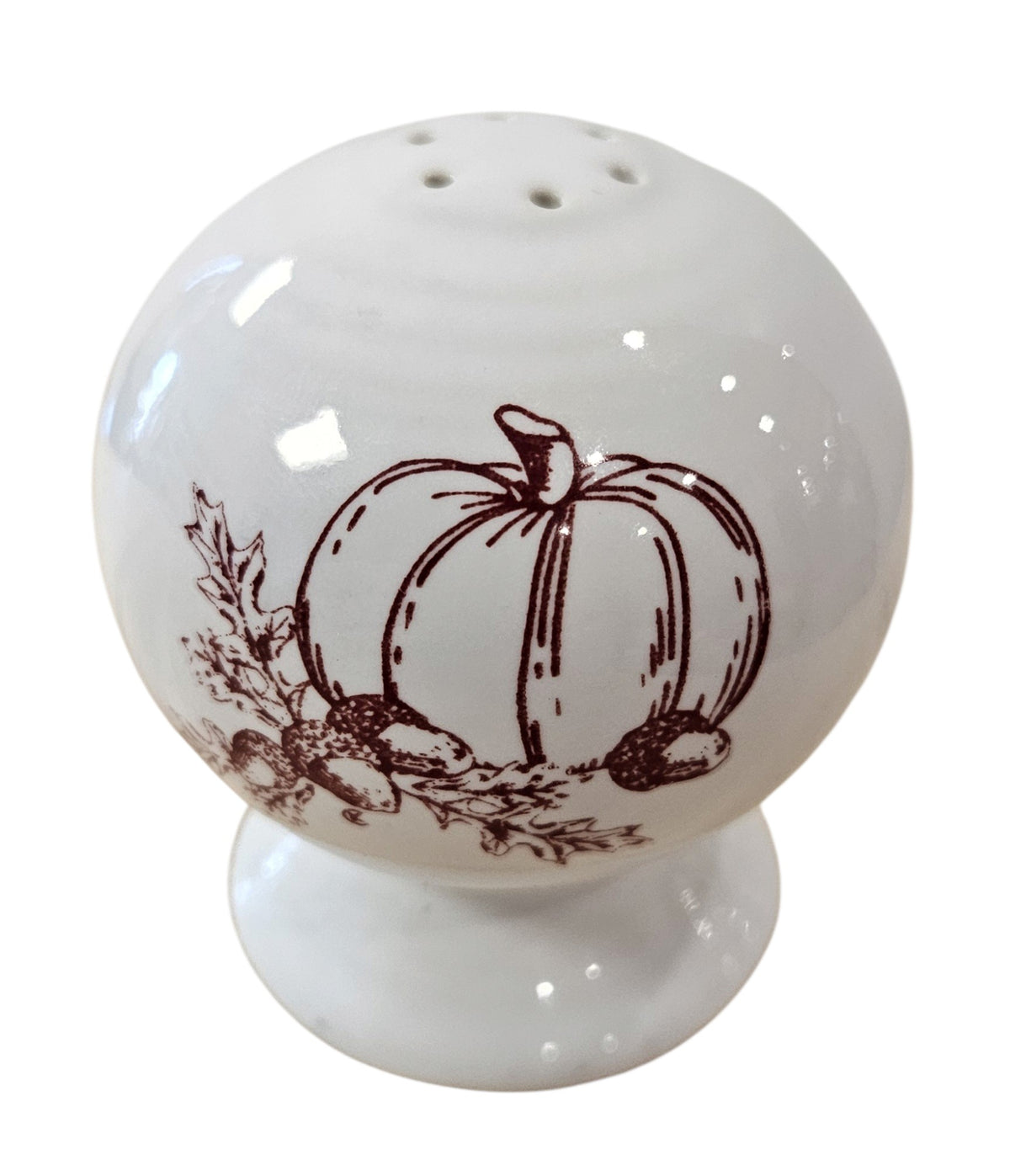 This is a Fiesta Fiestaware Salt & Pepper Set featuring the Thankgiving decal on White. lead-free, Post 1986, Fall, acorns, pumpkins
