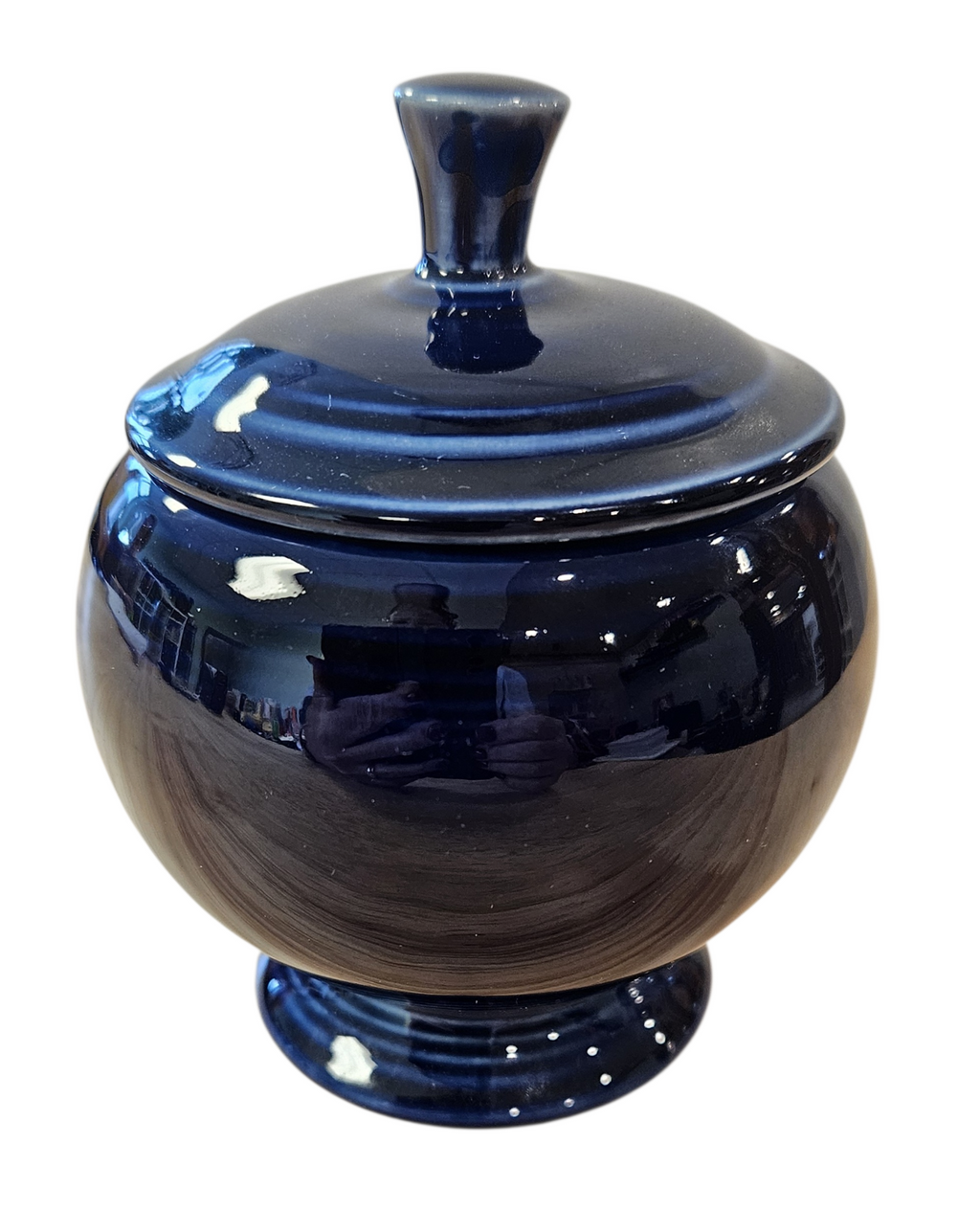 This is a Fiesta Fiestaware Individual Sugar Bowl With Lid in cobalt. lead-free, Post 1986, Retired Color Retired Shape