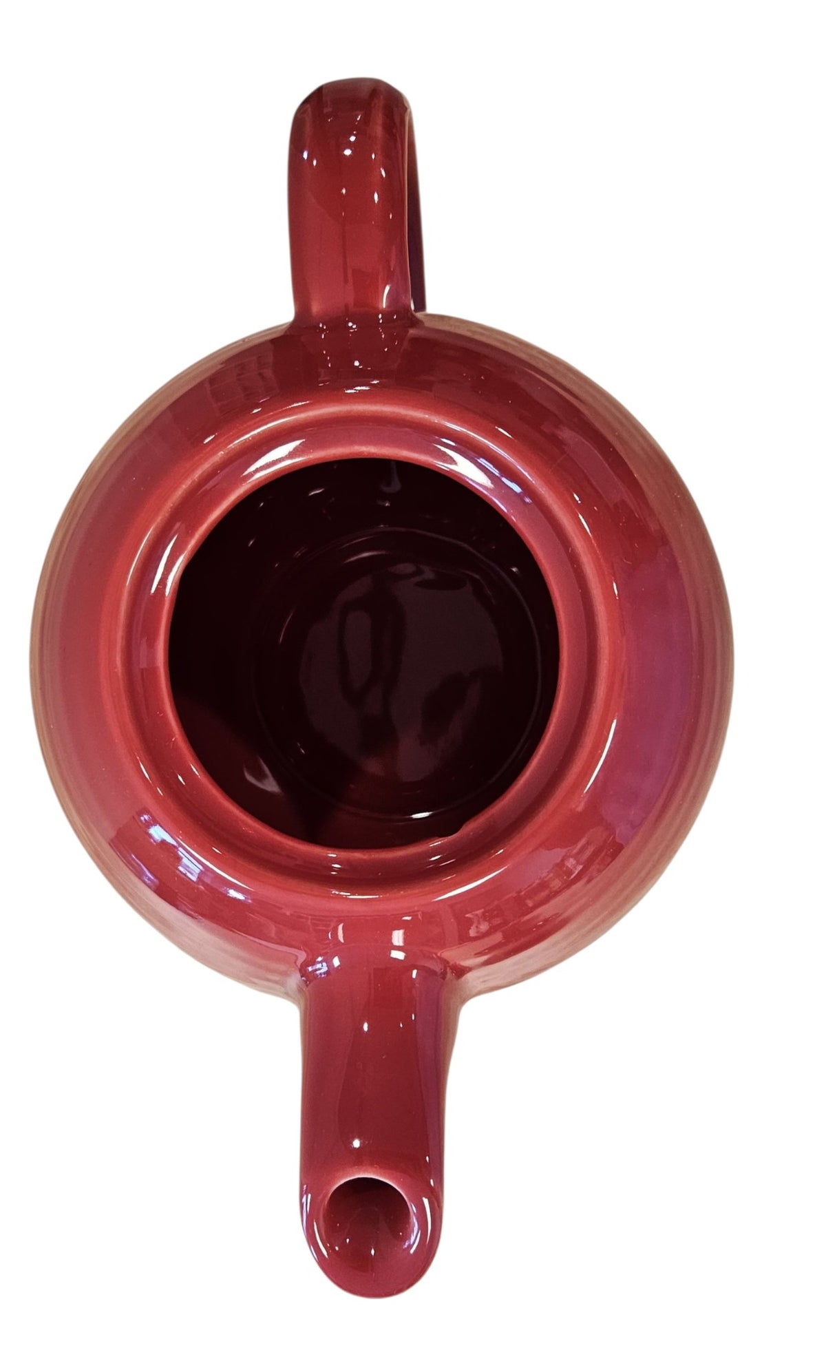 This is a Fiesta Fiestaware Five-cup 5-cup New Style Handle Tea Pot with Lid in Scarlet. lead-free, Post 1986, Retired Shape
