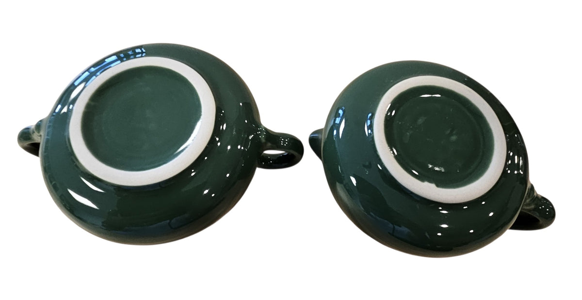 This is a Fiesta Fiestaware Creamer Pitcher Sugar Bowl with Lid on Figure Eight 8 Tray Set in jade lead-free, Post 1986, Retired Shape

