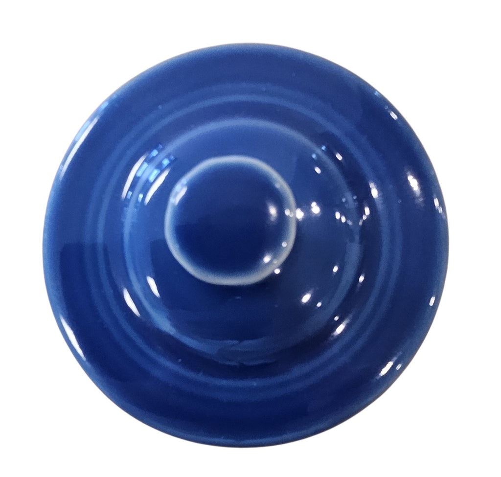 This is a Fiesta Fiestaware Creamer Pitcher Sugar Bowl with Lid on Figure Eight 8 Tray Set in Lapis. lead-free, Post 1986, Retired Shape
