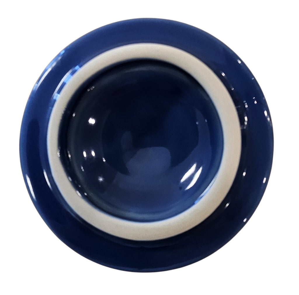 This is a Fiesta Fiestaware Creamer Pitcher Sugar Bowl with Lid on Figure Eight 8 Tray Set in Lapis. lead-free, Post 1986, Retired Shape
