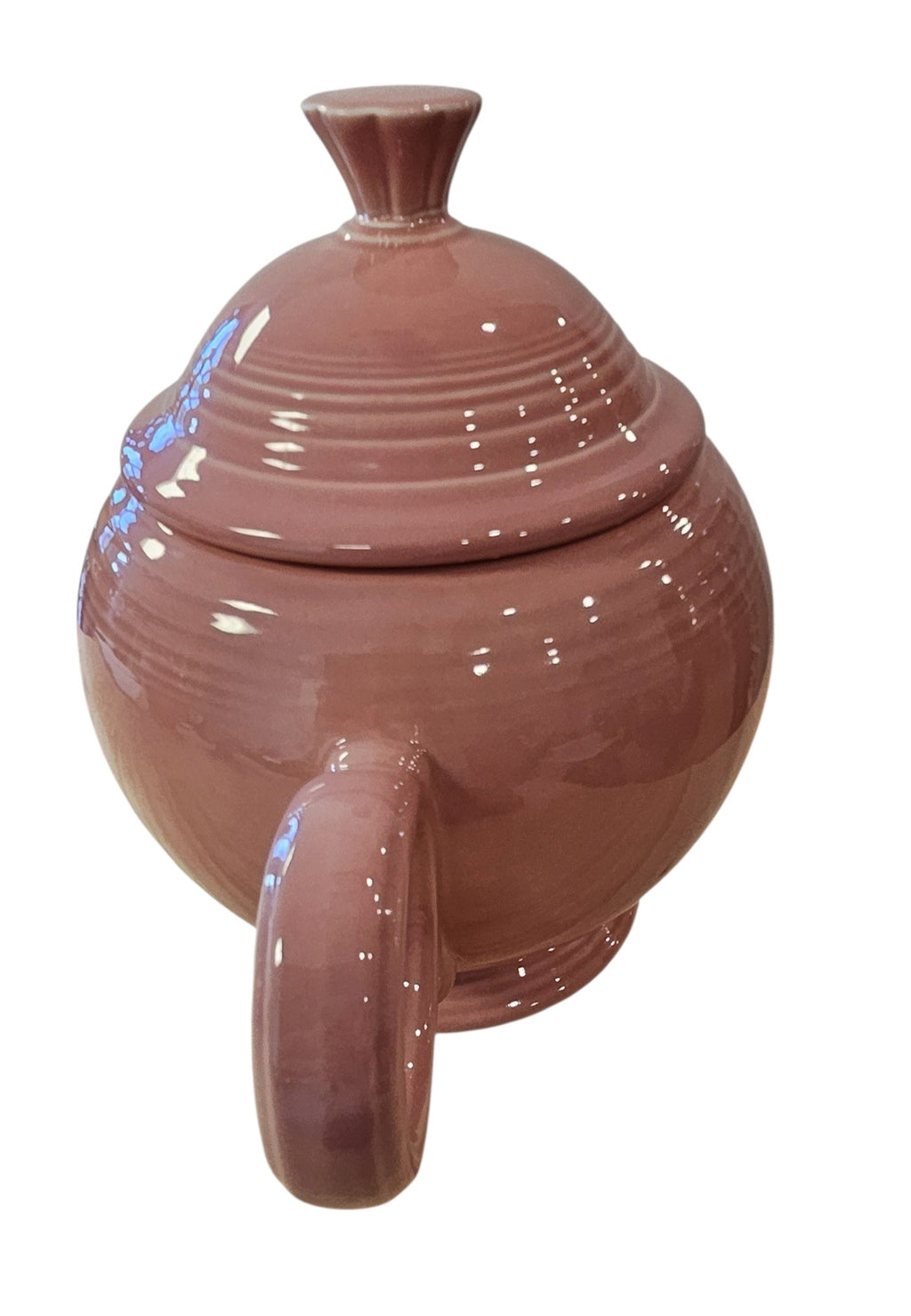 This is a Fiesta Fiestaware Five-cup 5-cup Ring Handled Tea Pot with Lid in Rose. lead-free, Post 1986, Retired Color Retired Shape
