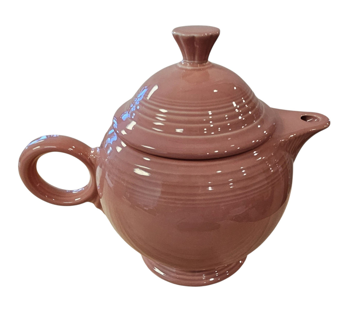 This is a Fiesta Fiestaware Five-cup 5-cup Ring Handled Tea Pot with Lid in Rose. lead-free, Post 1986, Retired Color Retired Shape
