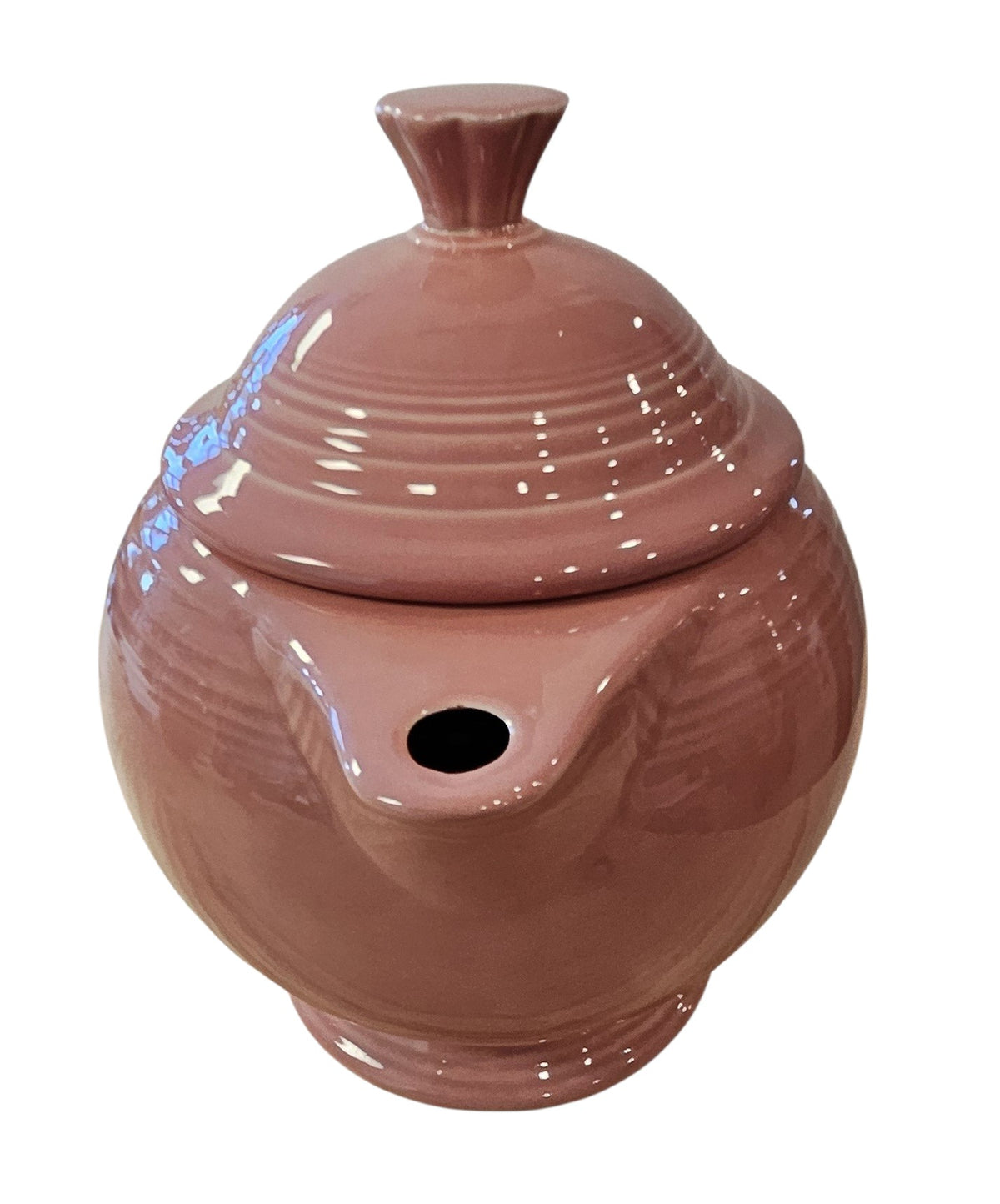 This is a Fiesta Fiestaware Five-cup 5-cup Ring Handled Tea Pot with Lid in Rose. lead-free, Post 1986, Retired Color Retired Shape
