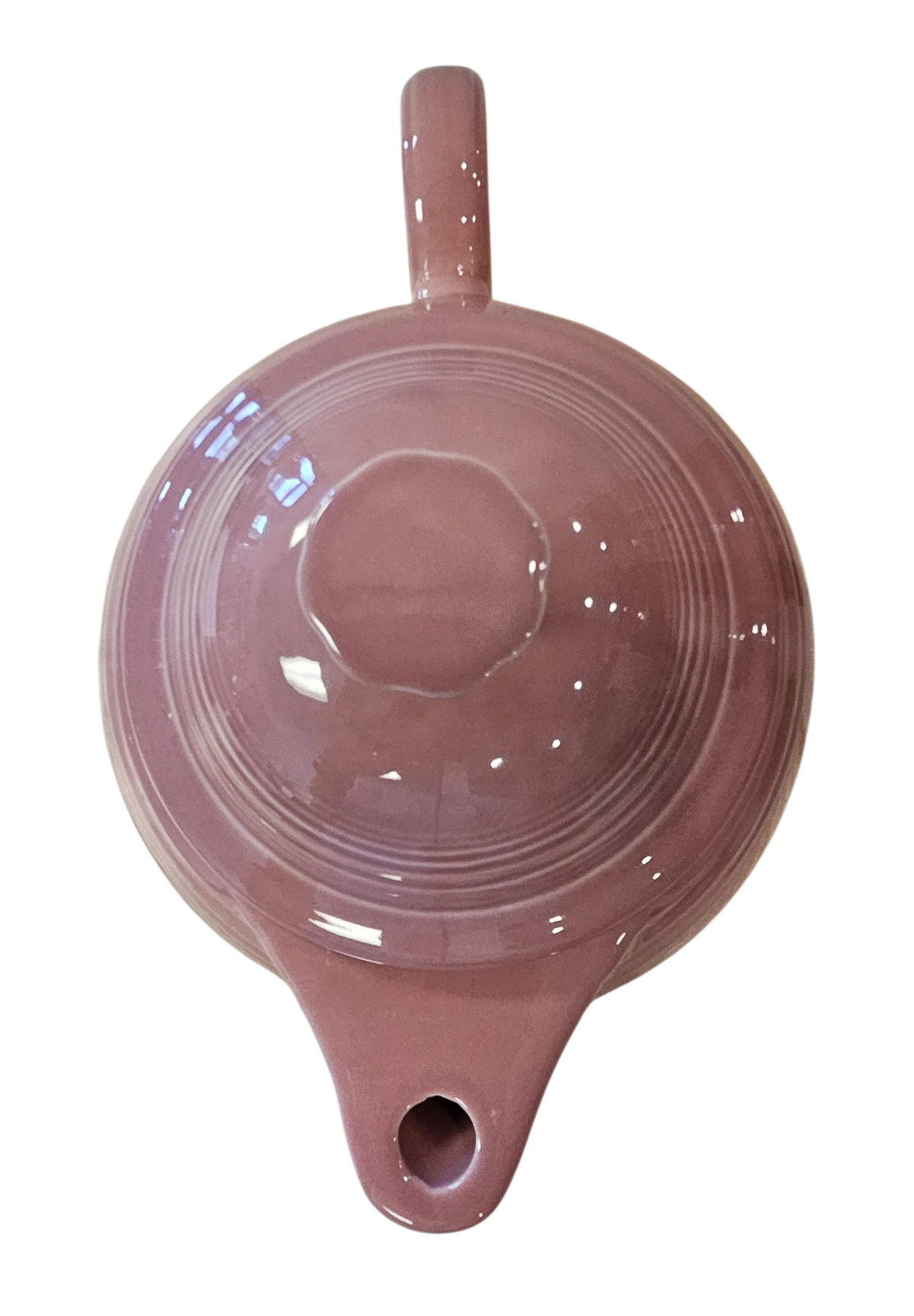 This is a Fiesta Fiestaware Five-cup 5-cup Ring Handled Tea Pot with Lid in Rose. lead-free, Post 1986, Retired Color Retired Shape

