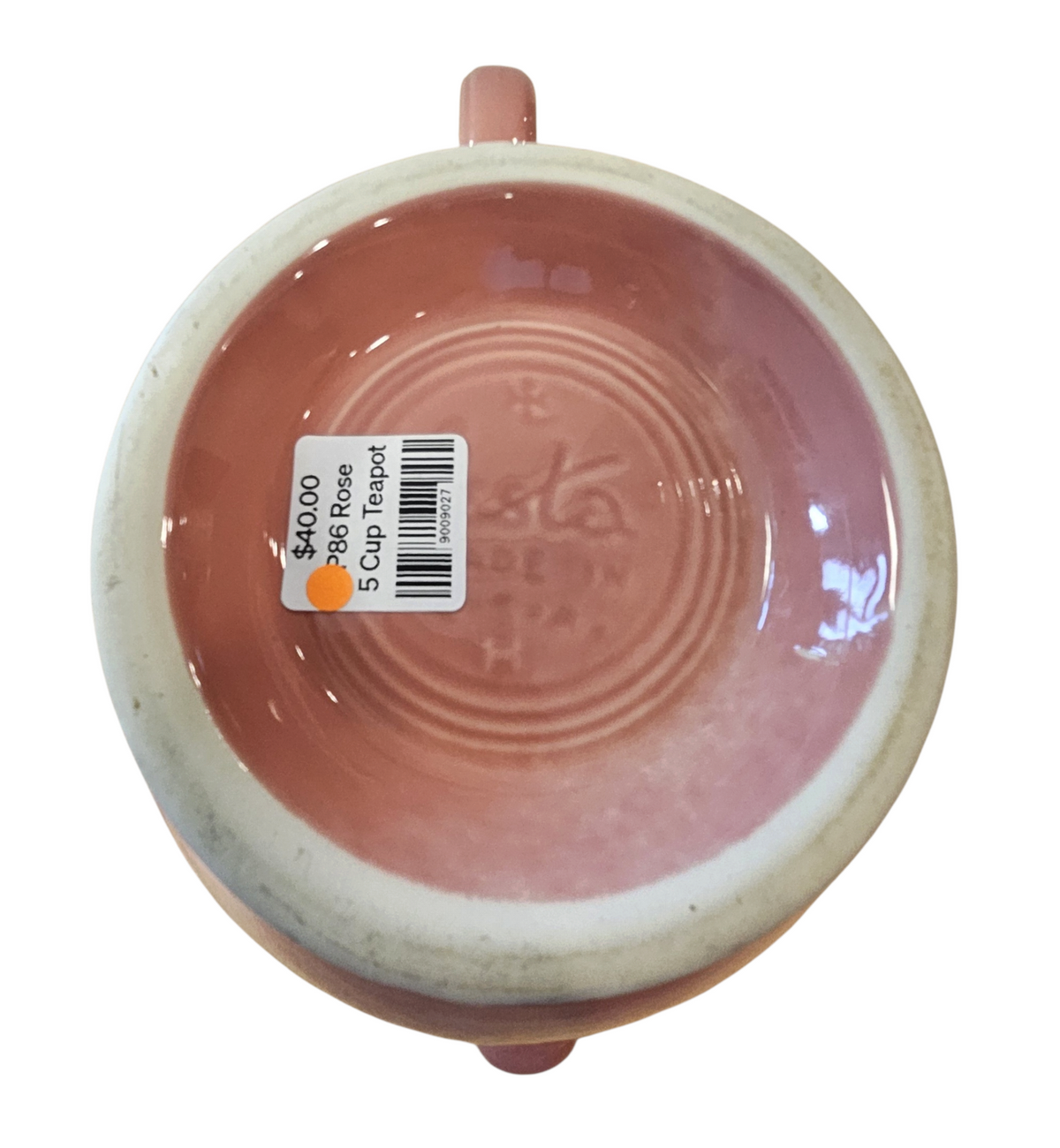 This is a Fiesta Fiestaware Five-cup 5-cup Ring Handled Tea Pot with Lid in Rose. lead-free, Post 1986, Retired Color Retired Shape
