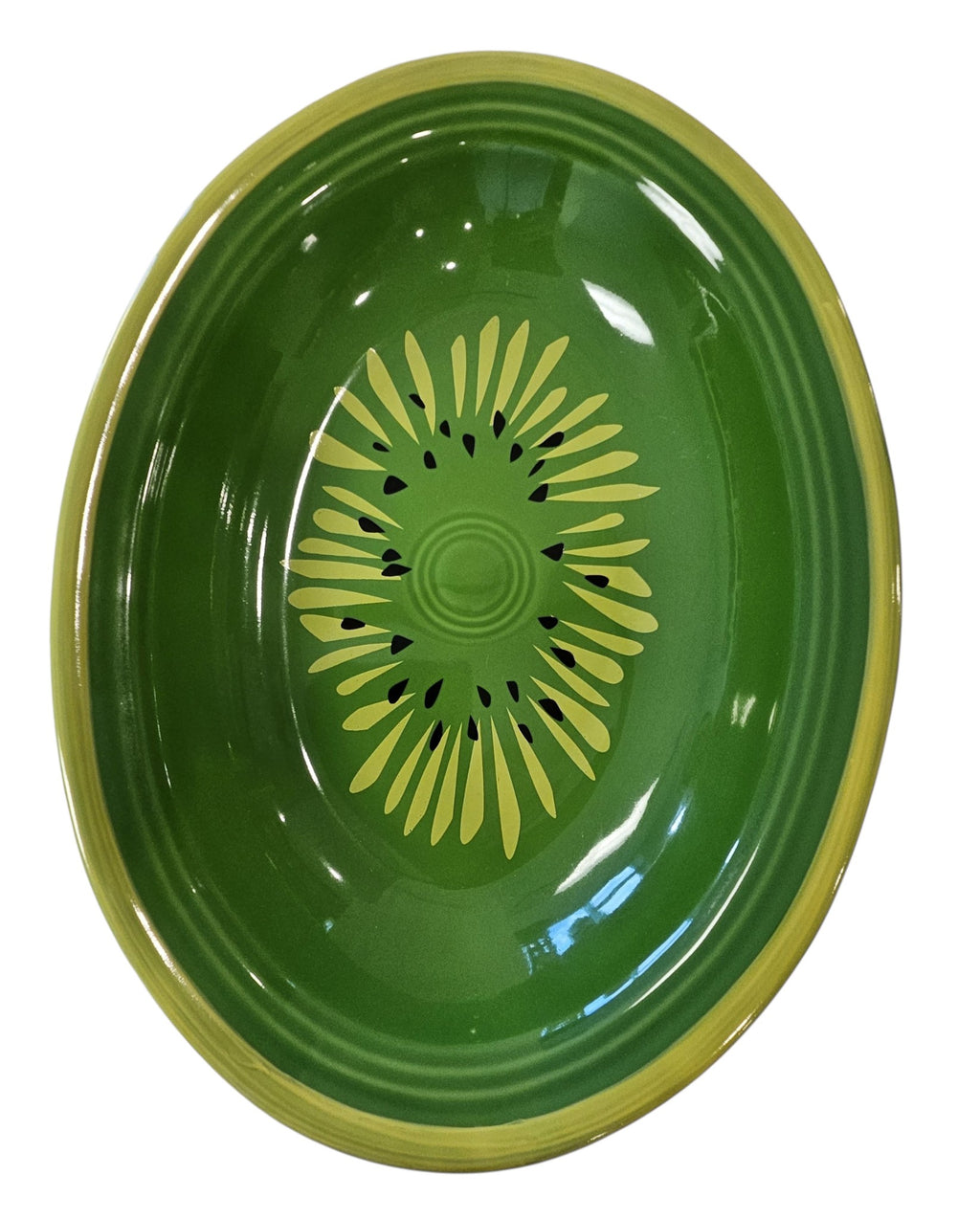 This is Fiesta fiestware Deep Oval Serving Bowl featuring the Betty Crocker Kiwi decal on shamrock. Lead free, post 1986, retired color, retired decal, Hard to Find

