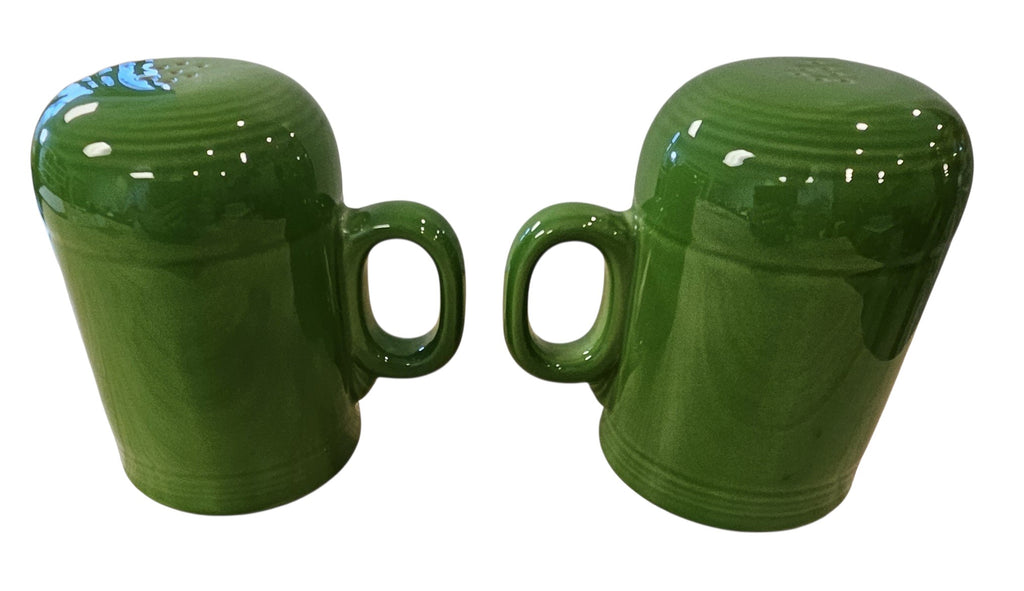 This is a Fiesta Fiestaware set of Range top Rangetop Salt and Pepper Shakers in shamrock. Post 1986 Retired Color Retired Shape Stove top Lead Free
