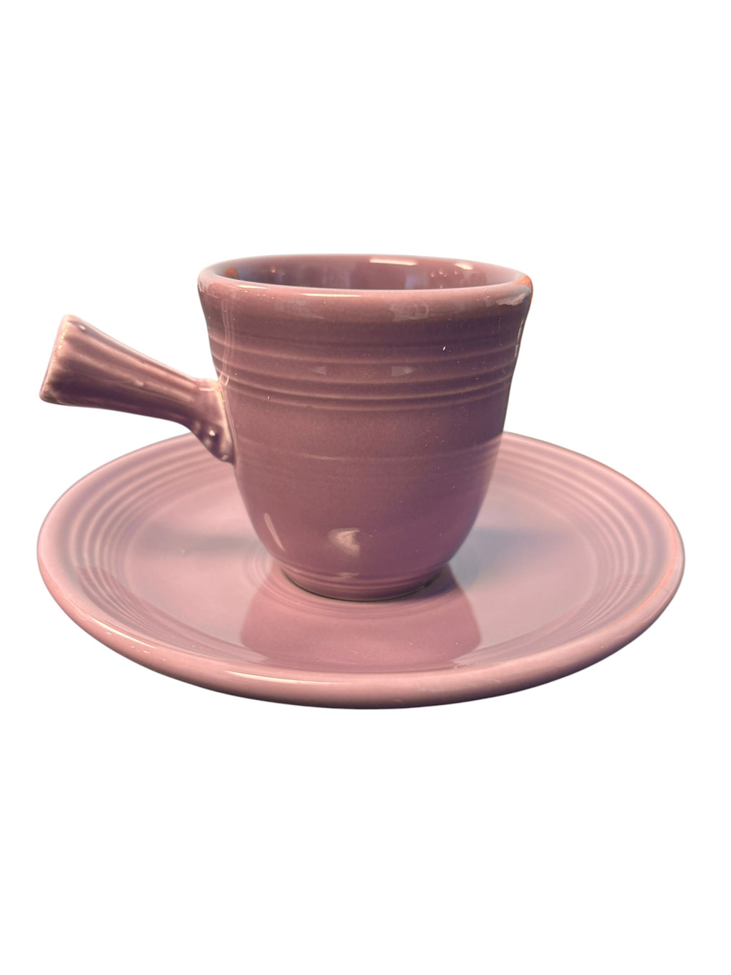 This is a Fiesta Fiestaware After Dinner AD Stick Handled Demitasse Demi Cup and Saucer Set in Lilac. lead-free, Post 1986, Retired Color Retired Shape Perfect for Espresso
