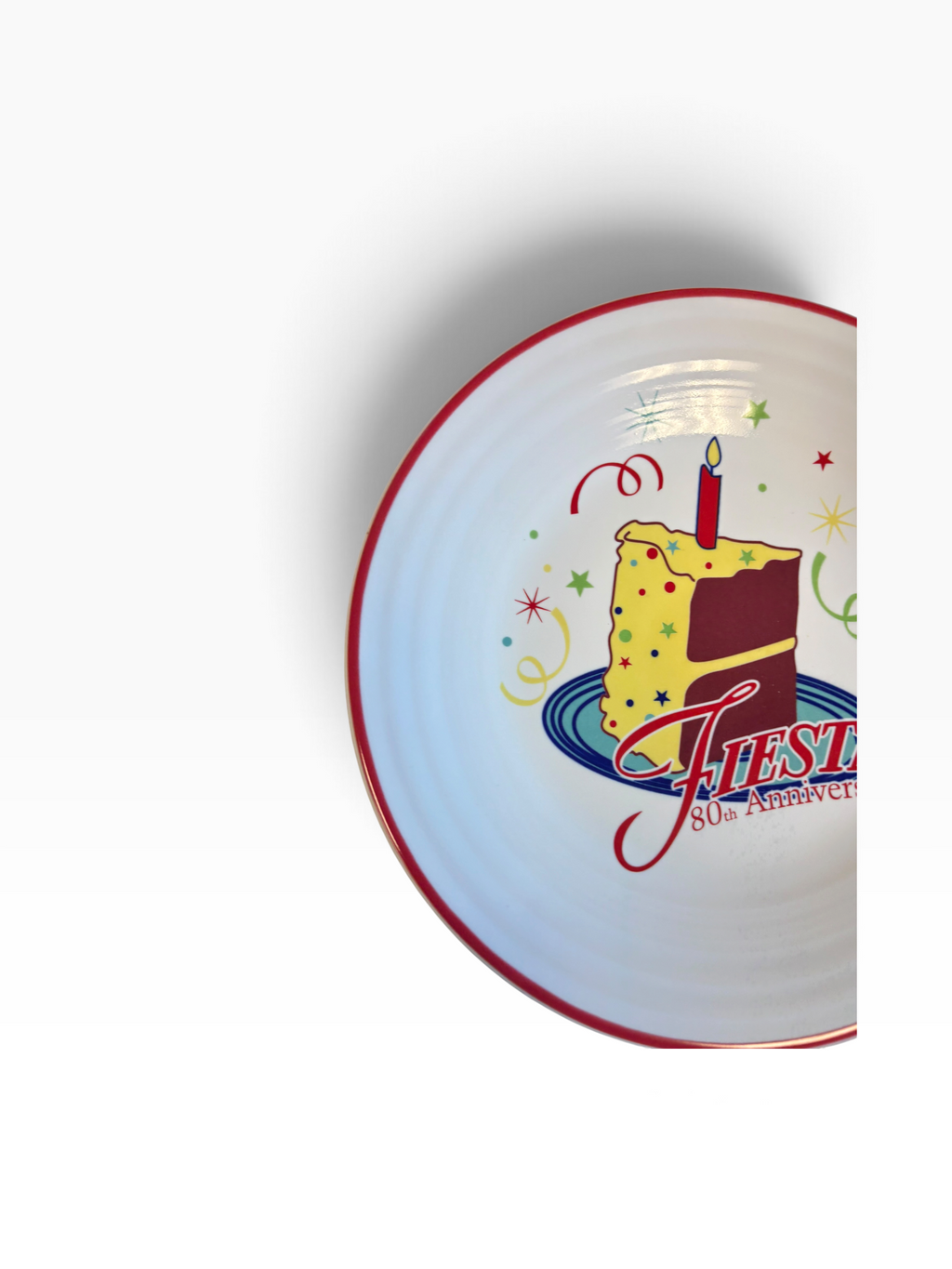 Fiesta 80th Anniversary Birthday Cake Luncheon Plate 9" on White with Red Rim
