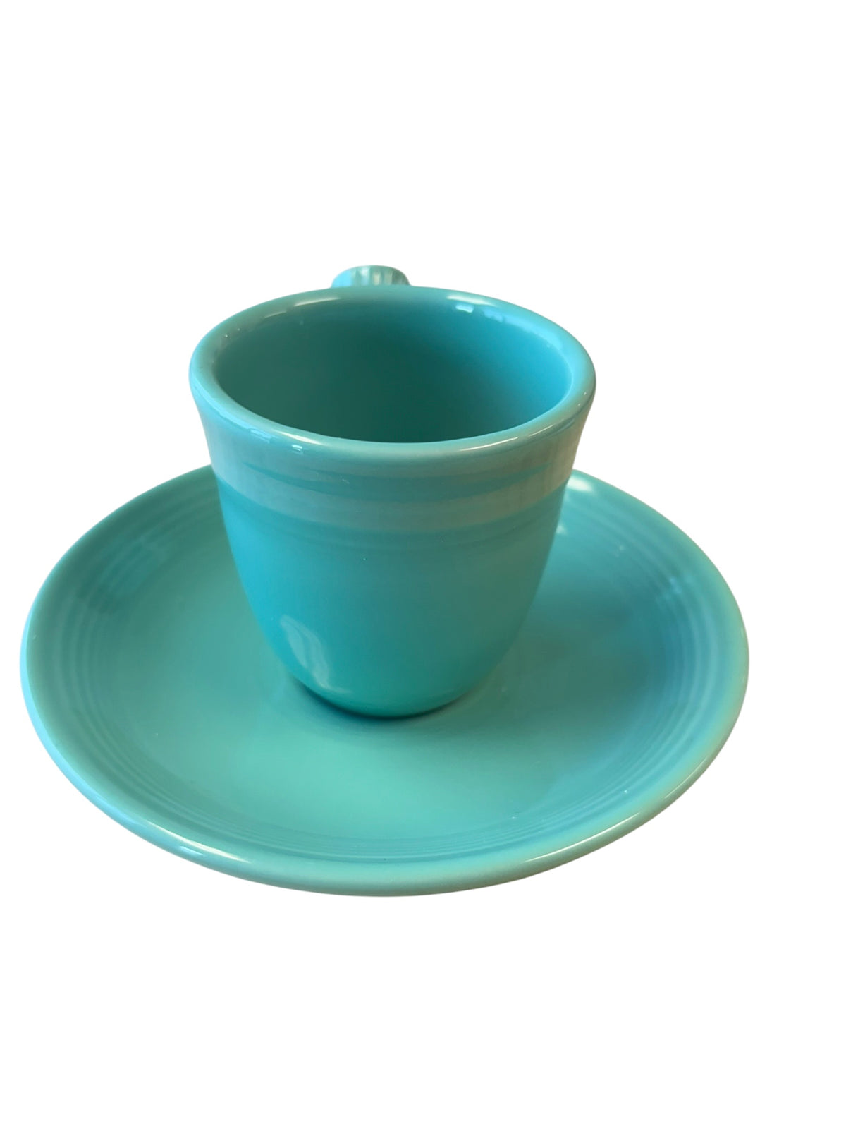 This is a Fiesta Fiestaware After Dinner AD Stick Handled Demitasse Demi Cup and Saucer Set in Sea Mist green. lead-free, Post 1986, Retired Color Retired Shape Perfect for Espresso
