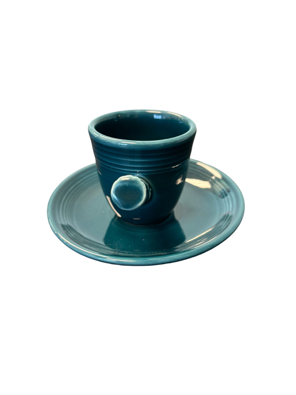 This is a Fiesta Fiestaware After Dinner AD Stick Handled Demitasse Demi Cup and Saucer Set in Juniper. lead-free, Post 1986, Retired Color Retired Shape Perfect for Espresso
