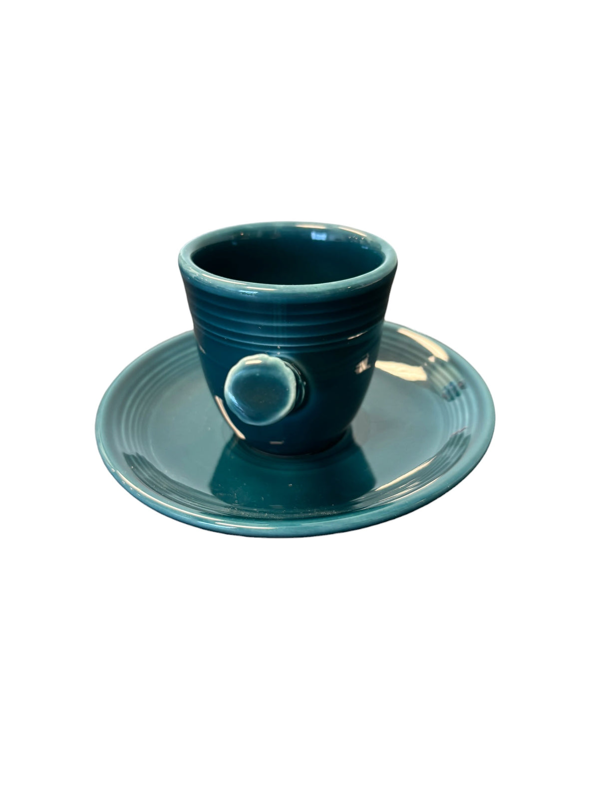 This is a Fiesta Fiestaware After Dinner AD Stick Handled Demitasse Demi Cup and Saucer Set in Juniper. lead-free, Post 1986, Retired Color Retired Shape Perfect for Espresso
