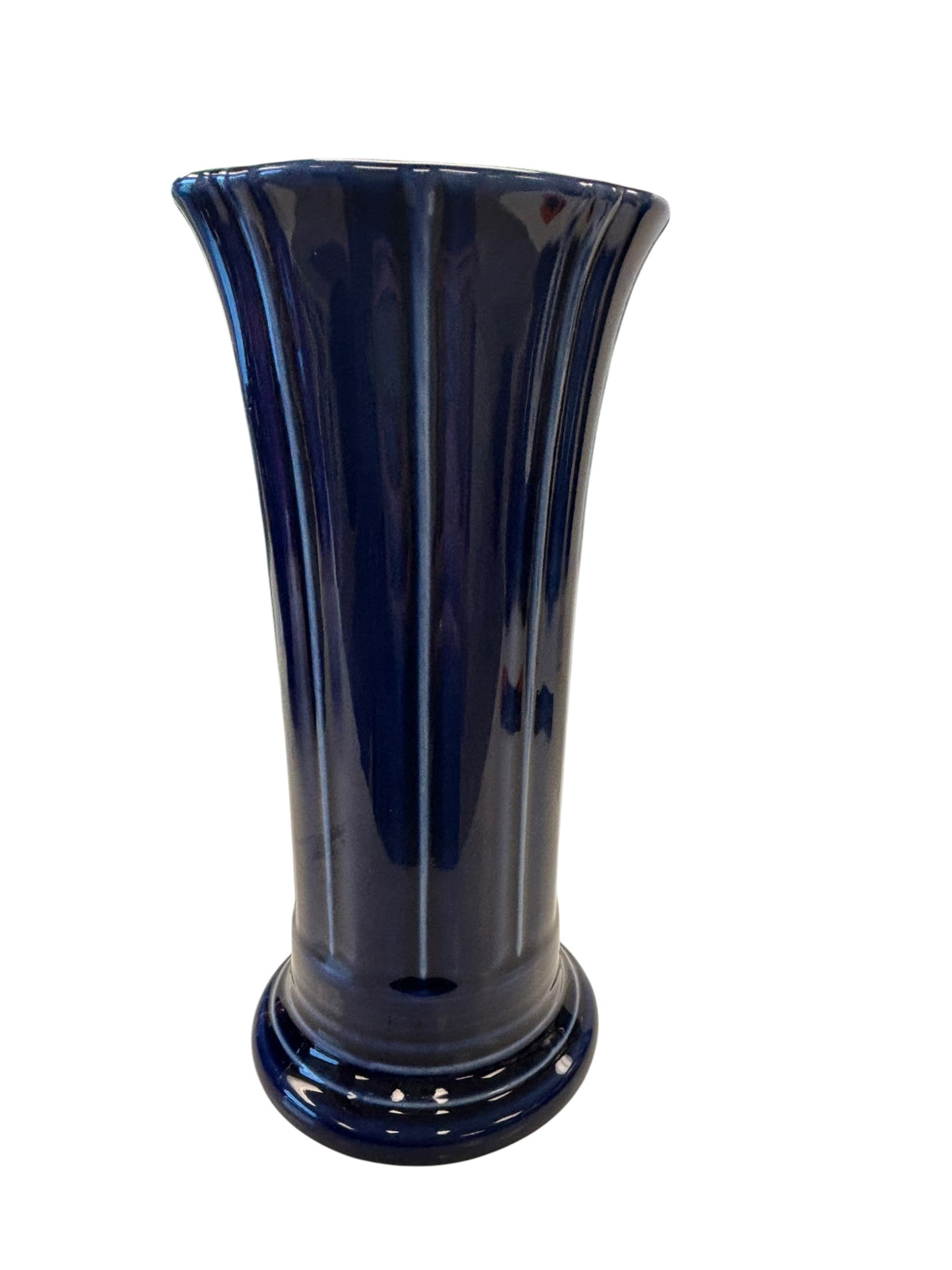 This is a Fiesta Fiestaware Small Flared Vase in Cobalt. 8" tall. lead-free, Post 1986, Retired Shape Retired Color
