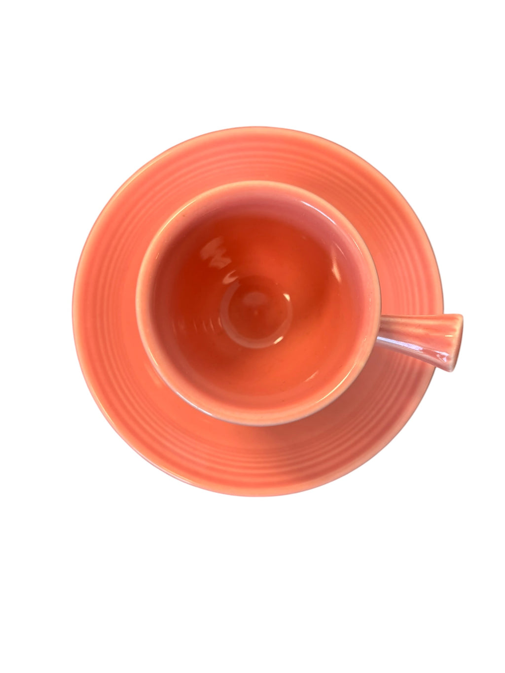 This is a Fiesta Fiestaware After Dinner AD Stick Handled Demitasse Demi Cup and Saucer Set in Rose. lead-free, Post 1986, Retired Color Retired Shape Perfect for Espresso
