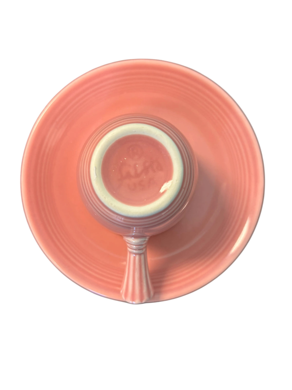 This is a Fiesta Fiestaware After Dinner AD Stick Handled Demitasse Demi Cup and Saucer Set in Rose. lead-free, Post 1986, Retired Color Retired Shape Perfect for Espresso
